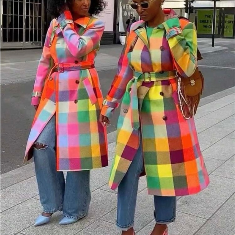🎉Colorful Checkered Plaid Double Breasted belted Trench Coat - Picture 10 of 12